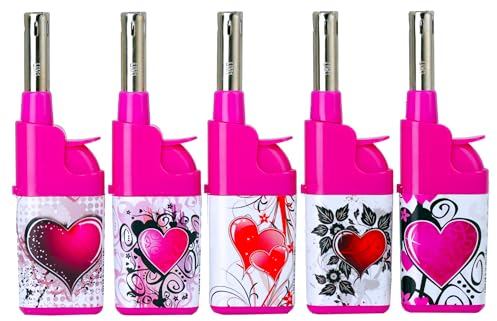 Stabfeuerzeug 10,5cm Herz Pink Rosa Valentin Liebe 5er Pack Feuerzeuge Leichtbedienung Seniorengerecht Anzünder BBQ Feuerzeug