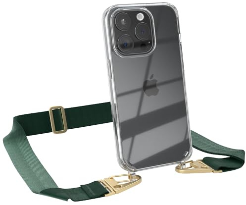 EAZY CASE - Hülle mit Band kompatibel mit iPhone 15 Pro Handyhülle mit Umhängeband Silikonhülle Transparent Schutzhülle Handykette zum Umhängen Handykordel Smartphone in Pinien Grün - Clips Gold