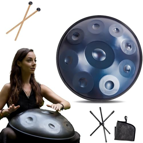 Handpan Instrument - 432Hz/440Hz 9/10/ 12 Noten - 55cm Stahl Zungentrommel - Handtrommel Mit Trommelständer Für Klangheilung (Size : 440Hz, Color : BLUE_9 NOTES)