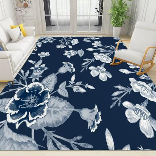BOONGA Vintage Blaue Blume Teppiche Gegend, 160 x 230 cm Kurzflor Kinderteppich - für Terrasse Garten, Küche, Bad oder Wohnzimmer