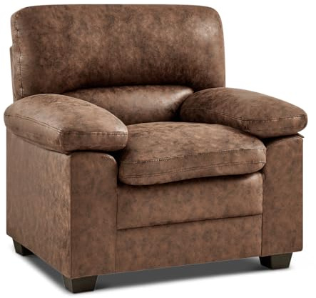 Bravich Oxford Faux Leather Armchair, 1 Seater Sofa Chair, Single Seat Accent Chair for Living Room, Easy Wipe Clean, Solid Wood Frame, Walnut Brown
