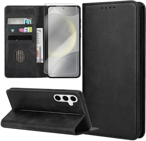 ZYIMOU Handyhülle für Samsung Galaxy S24 Hülle mit Schutzfolie, Leder Schutzhülle Standfunktion Kartenfach Wallet Klapphülle Samsung S24 Flip Case Cover, Schwarz