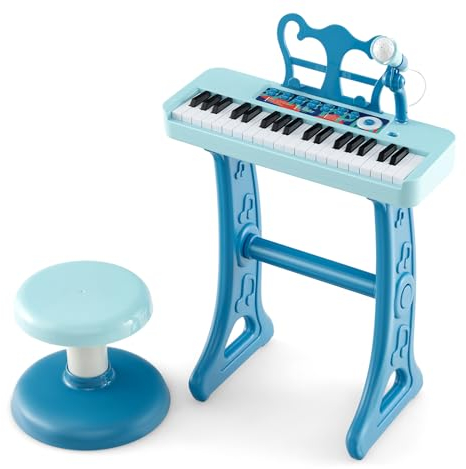 KOMFOTTEU Clavier 37 Touches pour Enfants, Piano Électronique avec Effets Sonores, Microphone et Tabouret, 22 Beat/4 Tone/4 Rhythm (Bleu)