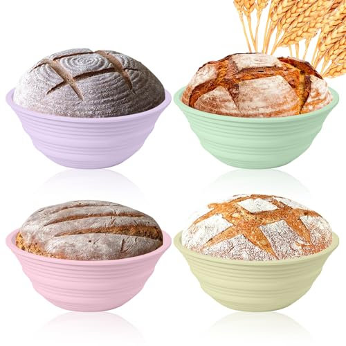 Ycgcp 4 x Silikon-Brotgärkörbe, 22,9 cm, faltbar, Sauerteig-Brot-Backzubehör, antihaftbeschichtet, rund, Teigschüsselbehälter, ofenfest, für verschiedene Geschmäcker, Brotherstellung, BPA-frei
