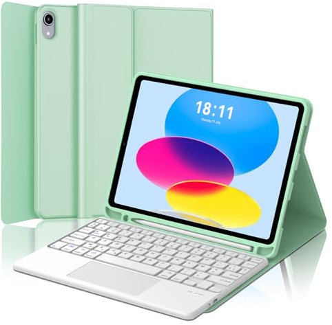 JADEMALL Clavier avec Trackpad pour iPad 11eme Generation A16 2025/10eme Generation 10.9 2022, AZERTY Clavier avec Pavé Tactile pour iPad A16 11/10.9 Pouces, Détachable avec Porte-Crayon, Vert Clair