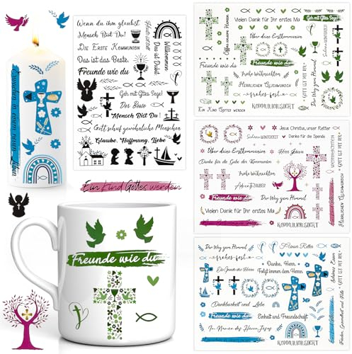 RUNEAY Kerzentattoos Taufkerze Kommunion Deko 4 Blätter, Wasserschiebefolie Kerzen Sticker Taufe Kerzen Tattoo, Kerzensticker Kerzentattoos für Taufe Deko, Tattoo Folie für Taufkerze, Kommunionkerze