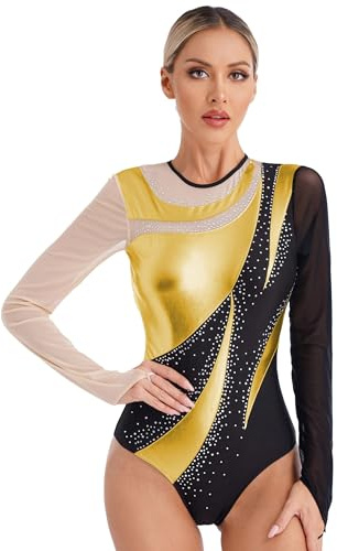 Doomiva Damen Metallic Turnanzug Langarm Tanzbody Patchwork Eiskunstlaufanzug Leotards Trikotanzug Einteiler Tanzanzug