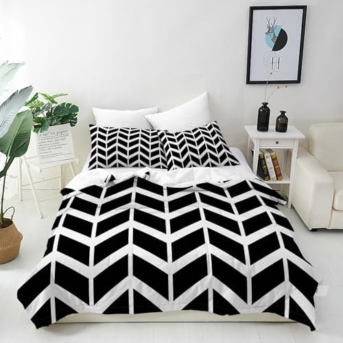 ANHOPE Weiß Schwarz Chevron Pfeil Bettwäsche Set 2 Teilig Bettbezug 135x200 cm + Kissenbezug 80x80 cm Weich Microfaser Bettbezüge mit Reißverschluss Ganzjahres Bettdeckenbezug Set