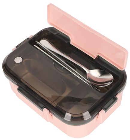 LIZEALUCKY Bento Box, con Cuchara y Tenedor, 4 Compartimentos Bento de Acero Inoxidable para Adultos, Contenedores de Almuerzo Bento para Comer Fuera, Trabajo, Oficina (Rosa)