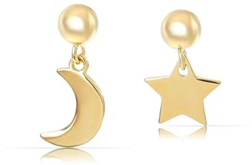 Made by Nami Gold Ohrringe Hängend Damen aus 925 Sterling Silber Mond & Stern Set Geschenke für Frauen (Gold)