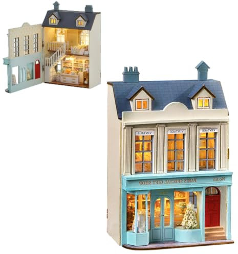 Puppenhaus Miniatur DIY Haus Kit, Raummodell kann Türen öffnen hölzerne romantische Burg Tiny House, kreative Zimmer mit Möbeln und LED-Licht für Geburtstag Geschenk (Besonderer Geschenkeladen)