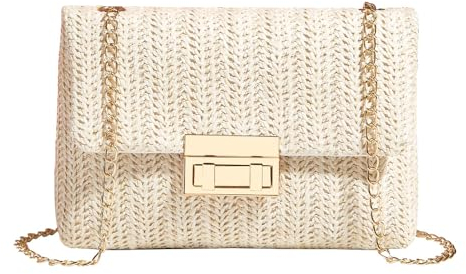TOFBS Sac a Main Femme Bandoulière de Plage d'Embrayage Soirée Sacs Tissés Pochette en Paille Tissée Bohème avec Chaîne pour Ceremonie Mariage Parti Prom (Beige)