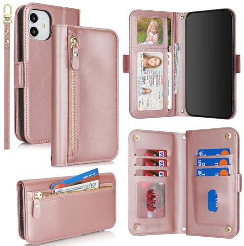 SailorTech for iPhone 11 Phone Case Wallet with Card Holder for Women, iPhone 11 Wallet Case with Credit Card Slots Flip Case Zipper Shockproof Case for Men - Rose Gold