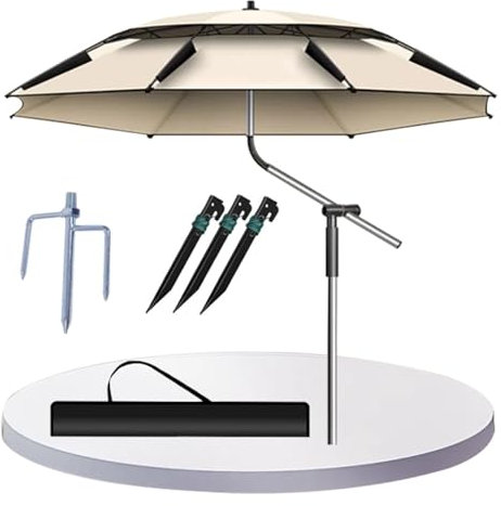 Parasol de Plage Sunscreen, parapluie de peche grand Parasol Extérieur Double Couche Pliable Parapluie Coupe-Vent de Camping Rotatif À 360°(240cm)