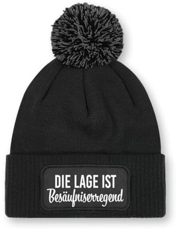 Prozente Momente Die Lage ist besäufniserregend – Beanie mit Bommel | Strickmütze | Wollmütze | Beanie mit Druck | lustige Sprüche | Apres-Ski | Winter | Schwarz