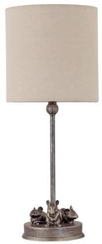firstchoicelighting Antique Gold Mouse Table Lamp or Bedside Light with Oatmeal Linen Fabric Shade, Resin Animal, Height 42 cm, LED Compatible