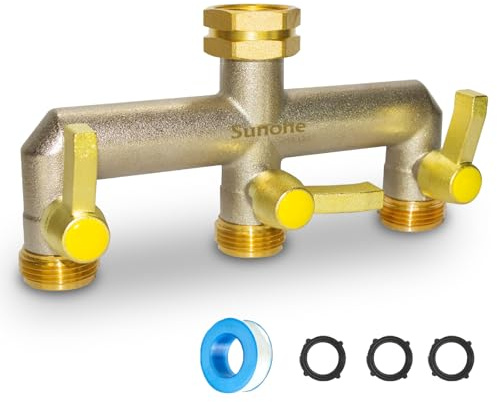 SUNOHE 3-Wege Gartenschlauch Verteiler Vernickeltem Messing mit Verlängerter Metallgriff, 3/4 Zoll (19 mm) Anschluss – Rost- und Frostsicherer Hochdurchfluss-Außenwasserhahnverteiler