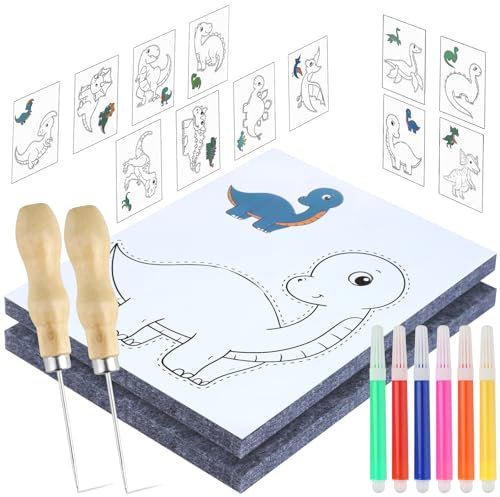 2 Pezzi Punteruolo Per Bambini Set, Punteruolo Per Carta con 2 Feltri, 12 Disegni Da Ricamo e 6 Matite Acquerellabili, Punteggiare Kit per Bambini 3 Anni, Kit Artistico Di Aghi per Progetti Creativi