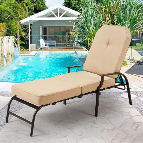 UNIONLINE Gartenliege Sonnenliege für den Außenbereich,207 x 58 x 43 cm, trägt bis zu 160 kg, Rattanliege Loungesessel Liegestuhlmöbel mit Kissen und Armlehne für Pool, Deck, Hinterhof (Beige, 1PC)