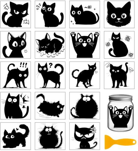 GLOBLELAND 18 Blatt Süße Katzen Transferfolie Zum Aufreiben 3.9x3.6zoll Tier Vase Heimaufkleber Schwarze Katzen Transferfolie Für Tassen Möbel Vasen Glas Kunsthandwerk Dekorationen