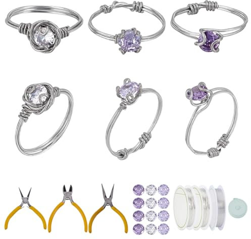 WEBEEDY Diamanten Draht Wrapped Ring-Making Bastelset für die Herstellung von 12-Sets Ringe, Ring Making Kit mit Silber Schmuck Drähte, Diamanten, Zangen Werkzeuge für DIY Schmuck Herstellung