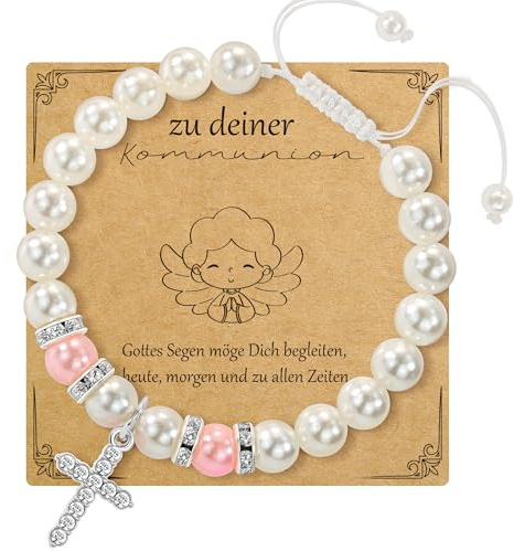 RMMD Kommunion Geschenke für Mädchen, Armband Kommunion Mädchen, Kommuniongeschenke Silber Schutzengel Kreuz Armband Perlenarmband, Erstkommunion Geschenke Kommt mit Karte und Stoffbeutel