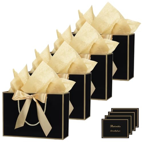 4 Black Gift Bags With 8 Tissue Paper & 4 Cards, 28 x 20 x 10 Cm | Cardboard Bags With Sturdy Base And Handles, Black With Gold Trim, Ideal For Birthdays, Weddings And Gifting
