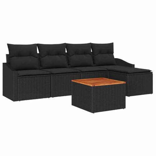 vidaXL Gartensofa-Set mit Speicher 6 pcs Schwarz Poly-Rattan, Garten und Terrasse, robuster Lounge-Sessel, modulares Sofa, UV-beständiges Akazienholz, vielseitige Sitzgelegenheit