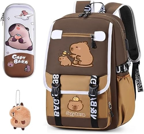 WFKKMEQ Capybara Backpack for Children's, Capybara School Bag with Stationery Set Pencil Case Ornaments Badges Cards Adjustable Rucksack Cartoon Toddler Daypack School Backpack for Kids