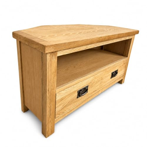 Home Furniture Group Ltd Oakcroft Corner TV Unit – Rustic Solid Wood 1 Drawer Television Stand with Open Shelf – Fully Assembled Living Room Cabinet