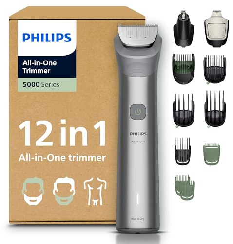 Philips Multigroom 5000 Series All-in-One 12-Piece Trimmer - Shaver and Clipper for Beard, Nose, Hair, and Body, Self-Sharpening Full Metal Blades, 20 Length Settings (0.5-20 mm), Model MG5952/30