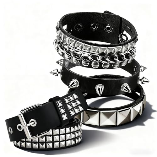 Punk Accessories, 2 Pcs Black Studded Belt and Studded Bracelet Adjustable Y2K Emo Belt Spike Goth Bracelet Rock Emo Accessories for Men and Women