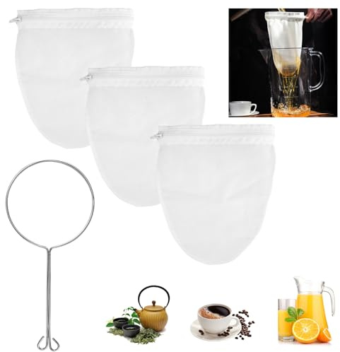 3 Piezas Bolsa de Filtro de Alimentos de Algodón, Bolsa de Leche de nueces | Reutilizable, con Cremallera y 1 Aanillo Acero, Tela de Tamiz Reutilizable para Bebida Vegetal Café Té Vino Leche Mermelada