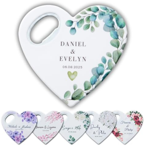 Imán Abrebotellas Personalizado para Bodas, Recuerdos para Invitados, Detalle de Boda con Forma de Corazón y Tarjeta de Agradecimiento, Favor Personalizado para Bautizos(Pack de 30)(Solo Abrebotellas)