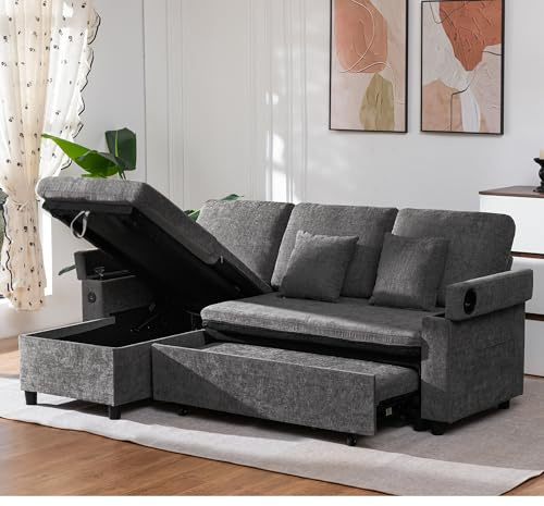 MAXYOYO Corner Sofa Bed with Storage, Pull Out Sectional Sofa Bed with Left/Right Convertible Launge, USB, Cup Holder, Linen Fabric for Living Room Apartment