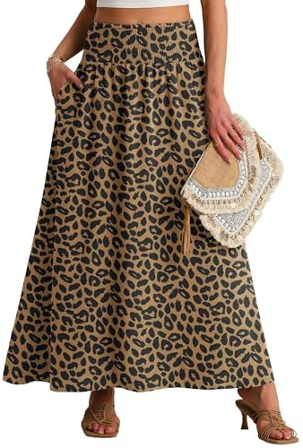QIXING Damen Sommerrock Lang A-Linie Smocked Hohe Taille Swing Plisseerock mit Taschen Boho Maxirock