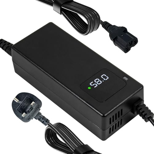 58V 2A 48V Lead Acid Battery Charger for E-Bike/Scooter, C13 3-Pin Plug | For 48V SLA/AGM/GEL batteries; 58V 2A output, LED voltage display, UK mains plug and N+/L- 3-pin connector.