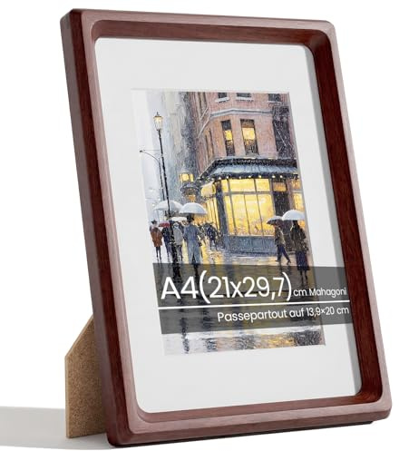 Feihorrm Bilderrahmen A4, Natürliches Mahagoni Holz Fotorahmen mit Glas | Handgefertigte 21x29,7 cm Holzrahmen Mattiert auf 13,9x20 cm Fotos, Wand oder Tisch für Poster Collage Zertifikaten
