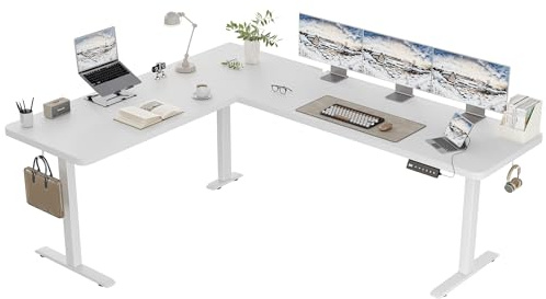 TRIUMPHKEY Eckschreibtisch Höhenverstellbar mit USB-A & 3 Speicherhöhen | 190x155cm L-förmige Höhenverstellbarer Schreibtisch mit Kabelbox und Haken, Ergonomischer Computertisch Weiß