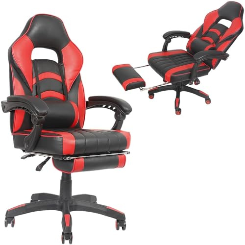 Mucola Gaming Stuhl Bürostuhl Schreibtischstuhl Racing 150 kg Belastbar Ergonomisch mit Lordosenstütze Nackenkissen Wippfunktion Höhenverstellbar 140° Neigbar Fußstütze Rot/Schwarz