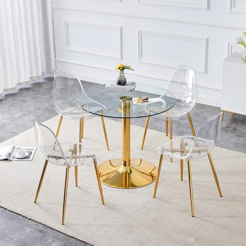 Muskel Moderno juego de mesa de comedor de cristal redondo con 4 sillas, tablero de mesa de 85 cm, sillas de comedor de plástico transparente, para 4 personas, comedor, juego de 4 para cocina pequeña