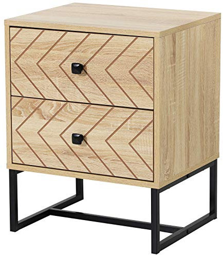 HOMCOM Mesita de Noche Mesilla de Noche con 2 Cajones y Patas de Metal Estilo Moderno para Dormitorio Salón Oficina 48x39,5x60 cm Natural