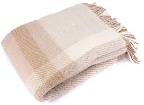 Vehi Mercatus 100% Merino Schafwolldecke beige kariert ca. 130x200cm