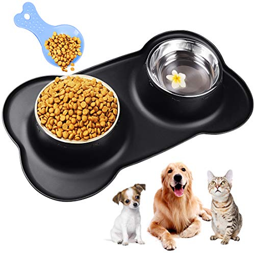 Double Dog Bowls Medium 700ml/Bowl Non Slip, with Silicon Tray Mats - Stainless Steel Food & Water Feeding Anti-overflow, for Medium Pets, Add Pet Food Scoop Black