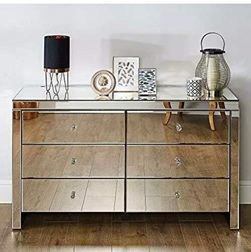 German Sliding Wardrobe Mirrored 6 Drawer Chest Drawers - Spacious Drawers With Beautiful Crystal Effect Handles (Mirror)