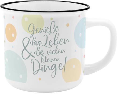GRUSS & CO Becher Motiv Genieße | New Bone China Porzellan, Emaille-Optik, 35 cl | Geschenk, Frühstück | 47895