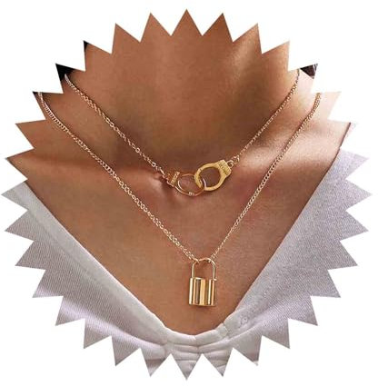 Allereya Boho Lock Necklace Gold Padlock Pendant Necklace Handcuff choker Necklace Layering Chain Necklace Jewelry for Women and Girls
