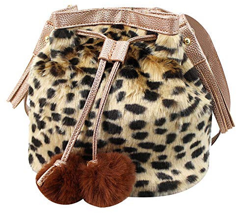 MEGAUK Damen Herbst Winter Bucket Bag Beuteltasche Kunstpelz Handtasche Flauschig Umhängetasche Plüsch Schultertasche mit Kordelzug Leopard Muster Braun