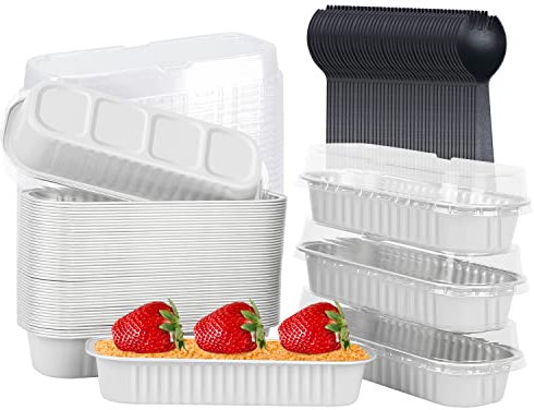 LNYZQUS Mini Loaf Baking Pans with Lids 50 Pack, 6.8oz Rectangle Aluminum Foil Mini Cake Baking Pans Tins Containers,Disposable Ramekins Baking Cups Muffin Tins-White