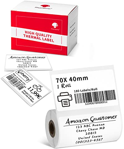 Phomemo Thermoetiketten für M220 M250 M221 M421 Etikettendrucker, Multifunktionales Selbstklebeetikett, Adressetikett, Preisschild Etikett,1 Rolle, 70x40mm,180 Etiketten/Rolle